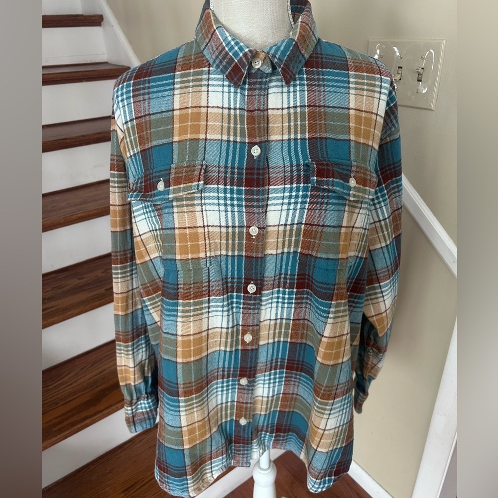 Old Navy Womens XLT Boyfriend Flannel Shirt Plaid Button‎ Up Cotton Soft Washed